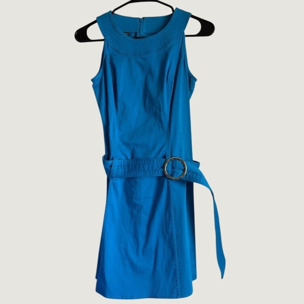 Blue Sleeveless Belted Mini Dress High Neck O-Ring Belt Sheath Dress Womens
